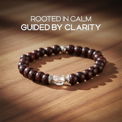 Avoirr 8mm-Red Sandalwood & Clear Quartz Bracelet | Handcrafted Spiritual Beads Jewelry | Meditation, Clarity & Balance Bracelet | Unisex Stretch Bracelet-Natural Wooden & Crystal Healing Beads- 7 Inches