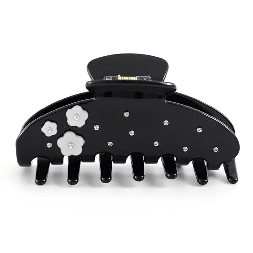 Black Hair Claw Clip with Flowers, 4 Inch Large Hair Clips for Women | Acetate Non-Slip Strong Hold, Jumbo Jaw Clips Accessories for Thick Heavy Curly Long Hair , Black Claw Clips - color: Black