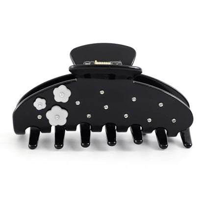 Black Hair Claw Clip with Flowers, 4 Inch Large Hair Clips for Women | Acetate Non-Slip Strong Hold, Jumbo Jaw Clips Accessories for Thick Heavy Curly Long Hair , Black Claw Clips - color: Black