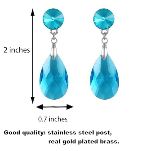 Round and Teardrop Crystal Stud Dangle Earrings Hypoallergenic Gold Plated Birthstone Drop Earrings Trendy Evening Prom Pageant Jewelry Gift for Women - color: light blue