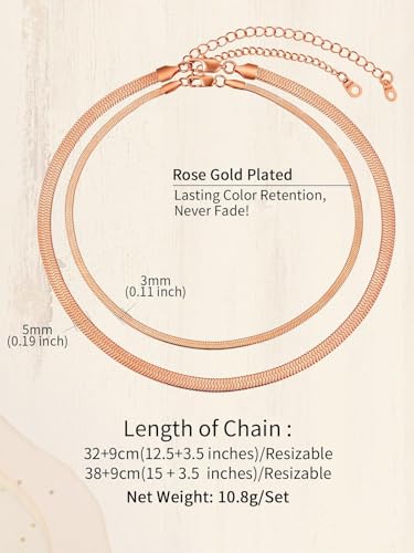 ChainsHouse Flat Snake Chain Herringbone Choker Necklace for Women, Stainless Steel/Rose Gold/18K Gold Plated Dainty Adjustable Simple Short Layered Necklaces, 12"/15"/18" with 3.5" Extender - color: b. layered-3mm+5mm-rose gold