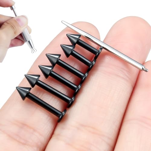 Internally Threaded Labret Studs 18G 16G 14G Surgical Steel Lip Piercing Jewelry with Claw Tool Monroe Snake Bite Jewelry Flat Back Barbell for Women Men Plus Piercing Ball Grabber Tool - color: black, size: 14g,spike end