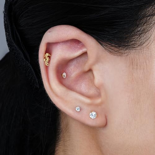 FINE4U 1PC 16G ASTM F136 Titanium Octopuses Piercings Jewelry with 6mm 8mm Post for Conch Helix Flat Labret 16G 6mm 8mm - color: Seahorses- Gold