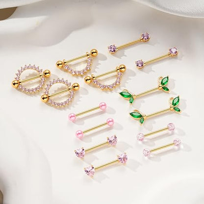 G&O JFU 7 Pairs 14G Nipple Rings Set – Stainless Steel Straight Barbell with CZ Stones, Gold Plated & Silver Tone, Butterfly Back Pink Nipple Piercing Jewelry for Women - color: Gold Plated Pink Nipple Piercing Jewelry