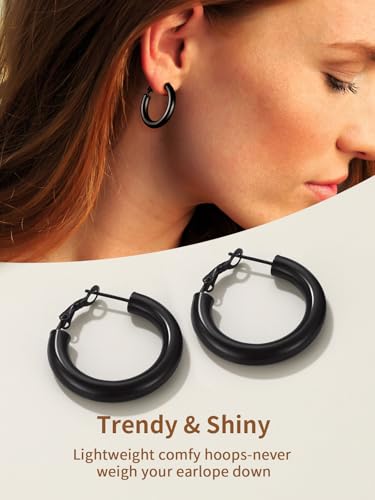 FindChic Hoop Earrings for Women, Silver/Black/14K Gold Plated Hypoallergenic Hollow Round Tube Loop Earrings, 20mm/30mm/40mm/60mm/80mm Chunky Hoops with Custom Name Options & Gift Box - color: a.Black, size: 30MM