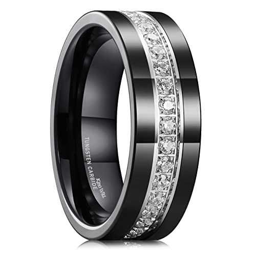 King Will Mens Tungsten Wedding Band with Cubic Zircon Inlay 7mm/8mm Flat Cut Comfort Fit Engagement Rings - color: Black&White-8mm