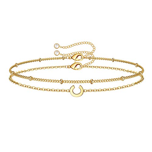 M MOOHAM Valentines Day Gifts for Her Women - Layered Initial Bracelets Gift Letter A-Z Charm, Dainty 14K Gold Plated Initial Bracelets for Women Teen Girls Birthday Jewelry Gifts - color: C