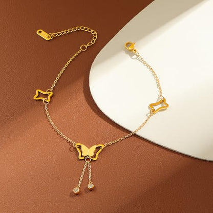 Dainty Gold Anklets for Women Stainless Steel Simple Ankle Bracelets Summer Beach Foot Chain Jewelry Gift - color: Butterfly Tassels