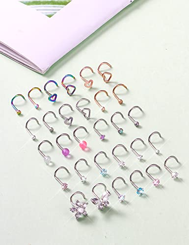 Prjndjw 20G 18G Nose Rings Studs Surgical Steel Nose Stud Glow Dark Heart Opal CZ Flower Nose Piercing Jewelry Nose Rings for Women Straight Screw L Shaped Nose Rings Hypoallergenic Nose Piercing Kit - color: 20G-Twisted nose rings