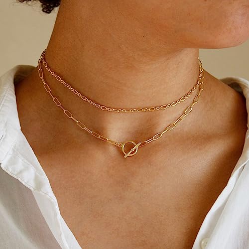 CHESKY 14K Gold Plated Layered Chain Necklace for Women | Trendy Cuban Link Chain, Chunky Paperclip Chain, Toggle Clasp Necklace, Fashion Gold Jewelry, Daily Gift for Women - style: Paperclip Figaro-GD