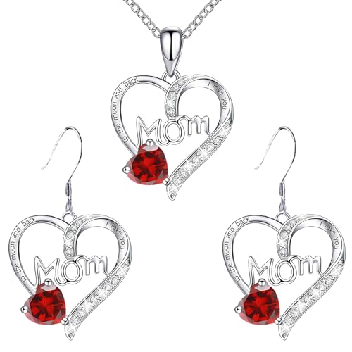 Mother's Day Heart Necklace and Earrings Set – Jewelry Set with Red Artificial Ruby Heart,Simulated Diamonds Accents & Mom Engraving –Gifts for Mom from Daughter or Son