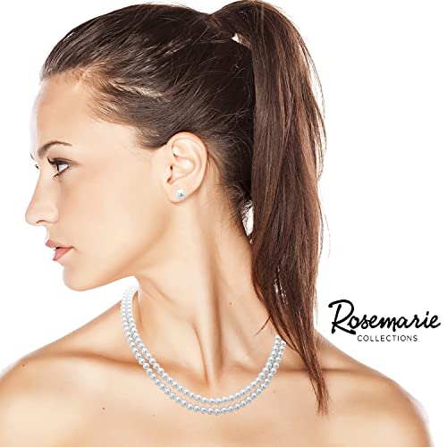 Rosemarie Collections Double-Strand Classic Simulated Pearl Necklace And Earring Set - Adjustable Faux Pearl Necklaces for Women - Elegant Jewelry for Special Occasions & Everyday Wear - color: 6mm, White Pearl Silver Tone
