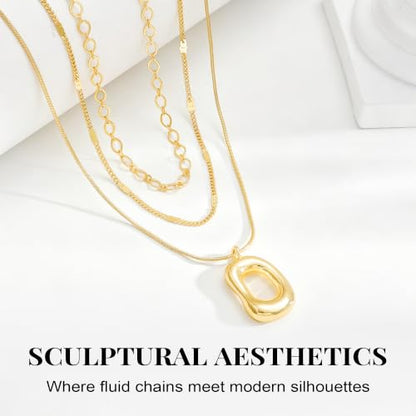 14K Gold/Silver Plated Dainty Snake Chain Layered Necklace for Women | Irregular Oval Pendant Minimalist Dainty Statement Gold Layering Everyday Jewelry - color: Gold - Champagne