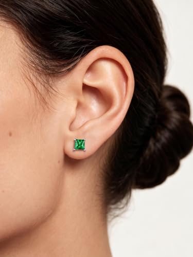 ChicSilver 925 Sterling Silver Earrings Sparkling Heart/Round/Princess Cut Birthstone Earrings for Women Birthday Jewelry with Gift Box - style: A.May(Emerald)-Princess Cut