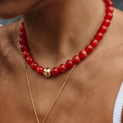 Multicolor Chunky Beaded Necklace, Statement Colorful Round Ball Beads Choker Necklace with Gold-Tone Adjustable Chain, Fashion Bold Neck Jewelry for Women - color: 16mm-Red
