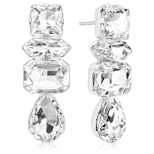 Dainty Sparkly Crystal Square Teardrop Circle Dangle Drop Earrings Long Chic Glitter Rhinestones Geometry Stud Earrings For Women - style: Silver White