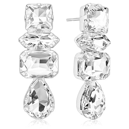 Dainty Sparkly Crystal Square Teardrop Circle Dangle Drop Earrings Long Chic Glitter Rhinestones Geometry Stud Earrings For Women - style: Silver White