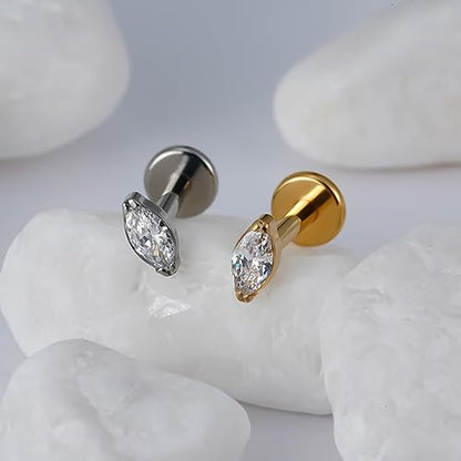 1PC Tragus Conch Helix Flat Labret Piercing Jewelry 16G 6mm 8mm - ASTM F136 Titanium Cartilage Earring Flatback Stud, Implant Grade Internally Threaded Hypoallergenic Body Jewelry (Clear CZ) - color: Clear Marquise CZ - Gold