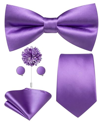 Hi-Tie 5Pcs Mens Solid Color Silk Tie Satin Pretied Bowtie Lapel Pin for Men Handkerchief Cufflink Wedding Gift Box - color: Lavender