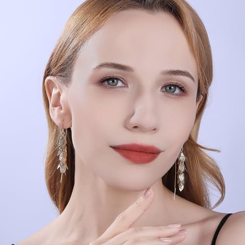 14K Gold Plated Leaf Threader Crystal Earrings for Women, Long Tassel Elegant Dangle Drop Earrings for Weddings, Galas, and Formal Events, Hypoallergenic Lightweight Jewelry Idea Gift - color: Gold