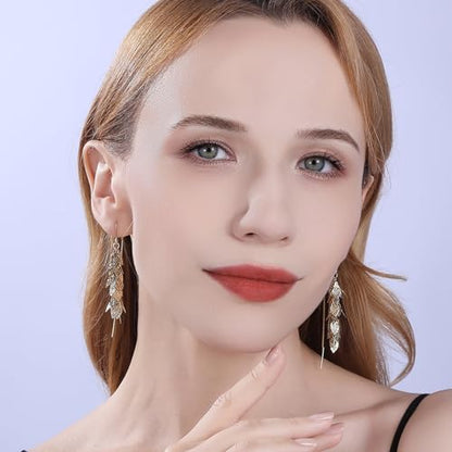 14K Gold Plated Leaf Threader Crystal Earrings for Women, Long Tassel Elegant Dangle Drop Earrings for Weddings, Galas, and Formal Events, Hypoallergenic Lightweight Jewelry Idea Gift - color: Gold