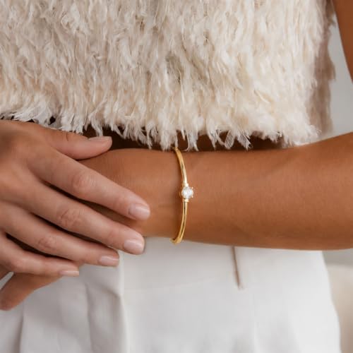 Gold Cuff Bracelets for Women, 14K Gold Plated Dainty Open CZ Cuff Bracelet Adjustable Stackable Open Bangle Bracelet Birthday Jewelry Gift for Her - color: Round CZ-Gold