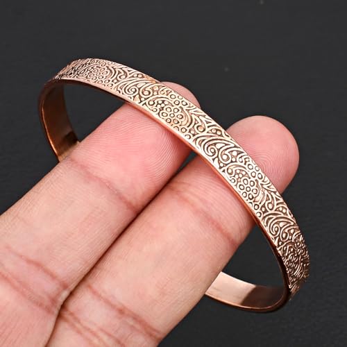 Vintage Copper Cuff Bracelet – Adjustable Open Bangle with Engraved Paisley Design Elegant Floral Carving, Boho Statement Jewelry