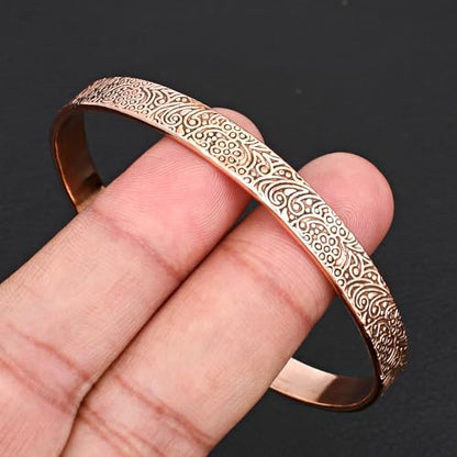 Vintage Copper Cuff Bracelet – Adjustable Open Bangle with Engraved Paisley Design Elegant Floral Carving, Boho Statement Jewelry