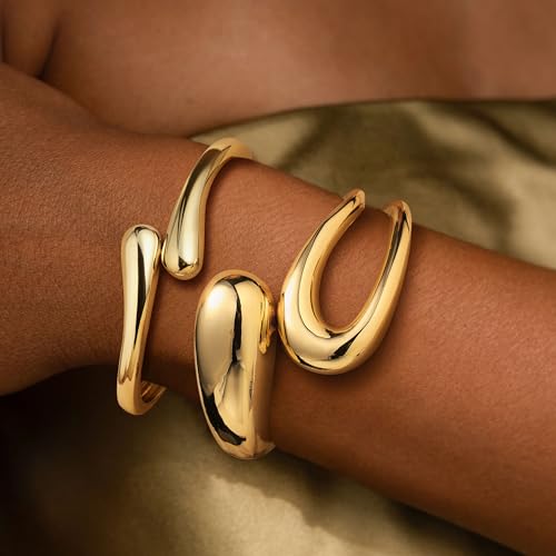 M MOOHAM Chunky Gold Bangle Bracelets for Women, Dainty 14k Gold-Plated Thicker Statement Bangles Twist Cuff Bracelet Set Stack for Women Non Tarnish Trendy Jewelry Gifts - color: 05. Open Bangles-2PCS