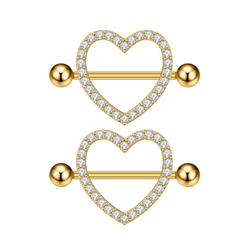 HQLA 14G Dainty CZ Love Heart Nipple Rings Tongue Ring Surgical Steel Nipple rings Piercing Women Barbells 2Pcs 25/8"(16mm) - style: Gold - Style C