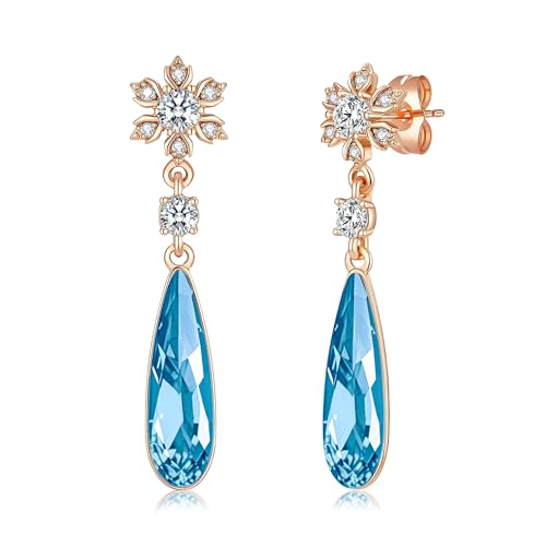 Austrian Crystal Teardrop Earrings Flower Dangle Earrings for Women 14K Gold Plated Drop Stud Earrings Hypoallergenic Jewelry - color: Aquamarine
