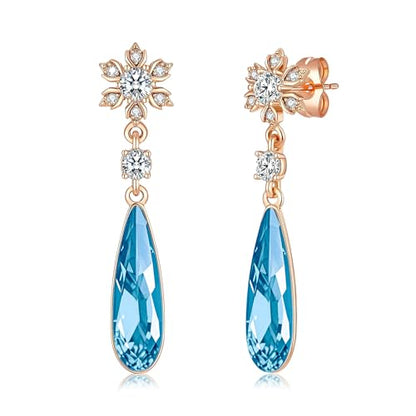 Austrian Crystal Teardrop Earrings Flower Dangle Earrings for Women 14K Gold Plated Drop Stud Earrings Hypoallergenic Jewelry - color: Aquamarine