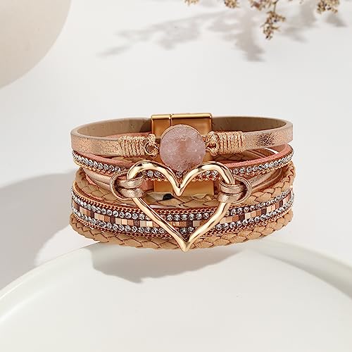 Womens Love Heart Leather Wrap Bracelet Multi-layer Stacked Bangle | Magnetic Clasp Soft PU Leather Resin Stone Rhinestone Boho Style Birthday Valentine Christmas Bohemian Jewelry Gift - color: Rose-gold
