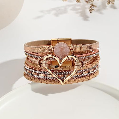 Womens Love Heart Leather Wrap Bracelet Multi-layer Stacked Bangle | Magnetic Clasp Soft PU Leather Resin Stone Rhinestone Boho Style Birthday Valentine Christmas Bohemian Jewelry Gift - color: Rose-gold