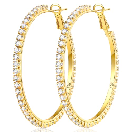3mm 925 Sterling Silver Big Cubic Zirconia Hoop Earrings for Women Large Rhinestone Hoop Earrings 14K Gold Plated Hypoallergenic Lightweight 30mm/40mm/50mm/60mm - color: Gold-50mm