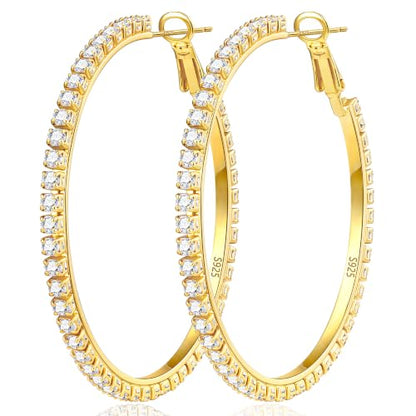 3mm 925 Sterling Silver Big Cubic Zirconia Hoop Earrings for Women Large Rhinestone Hoop Earrings 14K Gold Plated Hypoallergenic Lightweight 30mm/40mm/50mm/60mm - color: Gold-50mm