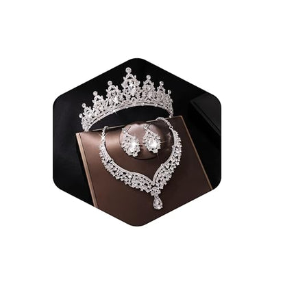 Kamirola Bridal Wedding Tiara Crown Jewelry Set for Women/Brides/Bridesmaids Crystal Jewelry Set for Wedding Prom Party Bridal Crystal Necklace Earrings Bracelet Set(TR60) - color: Silver
