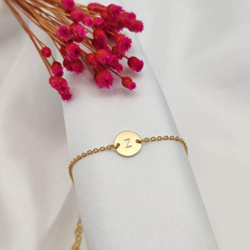Ovian Initial Charm Bracelet for Women 18K Gold Plated stainless steel Coin Disc Engraved Letter Bracelet Personalized Monogram Name Bracelet - color: Z