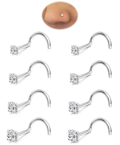 8Pcs Nose Rings Studs Set for Women Men: Hypoallergenic G23 Titanium/316L Surgical Stainless Steel Nose Studs, Nickel-free Lead-free L Shaped Corkscrew Nose Piercing Jewelry CZ 1.5mm 2mm 2.5mm 3mm - style: 8pcs 20G Silver - Stainless Steel