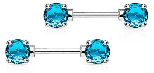Forbidden Body Jewelry 14g 1/2 Inch (12mm) Surgical Steel & Gold Plated CZ Crystal Front Facing Gemmed Nipple Ring Barbell Set - style: Aqua Blue