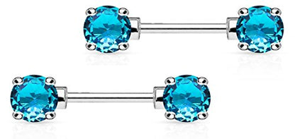 Forbidden Body Jewelry 14g 1/2 Inch (12mm) Surgical Steel & Gold Plated CZ Crystal Front Facing Gemmed Nipple Ring Barbell Set - style: Aqua Blue