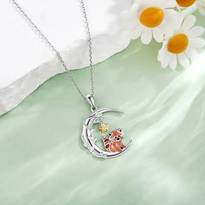 YAFEINI Moon Animal Necklace S925 Sterling Silver Owl/Fox/Red Panda/Possum/Snake/Dachshund Pendant Necklace Animal Jewelry Gifts for Women Mom Wife - style: RED PANDA