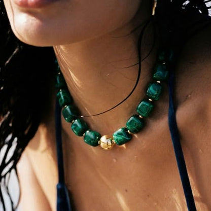 Chunky Colorful Beaded Choker Necklace for Women, Summer Beach Statement Resin Beads Necklace, Trendy Womens Summer Beach Jewelry Birthday Gifts for Vacation Holiday - color: Square Dark Green Bead