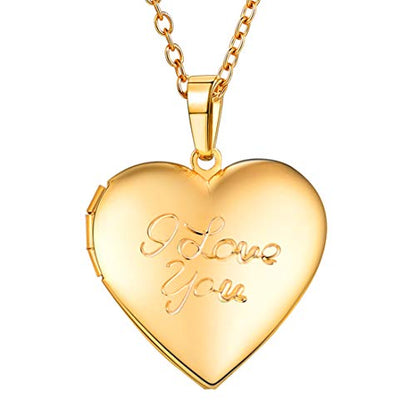 U7 Custom Photo Locket Necklace - Oval & Heart Shaped Locket - Gold/Silver/Rose Gold Personalized Image Necklaces for Women - color: 03-Gold I Love You, style: a. locket only
