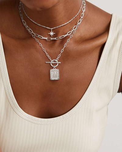 MJartoria Layered Initial Necklaces for Women | 14K Gold Plated Brass, Star Choker, Square Letter Pendant, Paperclip Chain - color: Silver, style: M