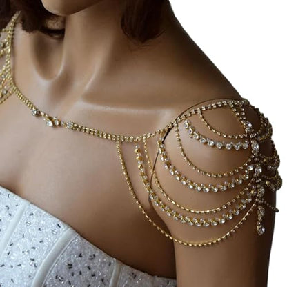 Sexy Multi-layered Rhinestone Tassel Shoulder Chain Jewelry Gold Crystal Body Chain Festival Rave Wedding Shoulder Jewelry for Women Festival Outfit