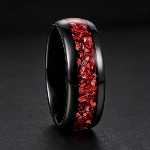 4mm/8mm Tungsten Wedding Bands for Men Women Ruby/Morganite/Emerald | Aquamarine/Zirconia, Black/Rose Gold/14K Gold, Engagement Promise Ring, Anniversary Valentine Day Birthday Gift for Him/Her - color: 8mm Black and Red
