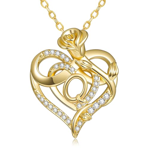 14k Gold Heart Initial Necklaces for Women, Dainty Letter Pendant Chain Necklace, Letter A to Z Initial Jewelry, Anniversary Birthday Gifts for Her Wife Mom Daughter - style: Letter Q