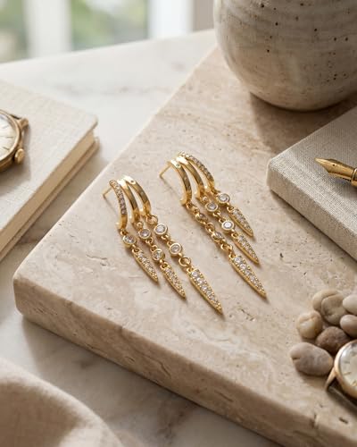 Gold Earrings for Women Trendy 14K Gold Plated Dangle Earrings Small Hoop Huggie Drop Stud Earrings Cubic Zirconia Simple Minimalist Dainty Chain Tassel Hypoallergenic Earrings - color: Tassel & Gold