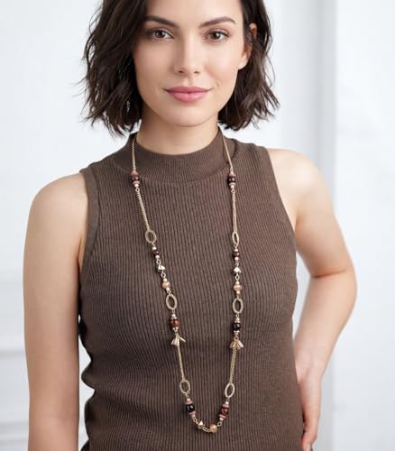 Long Gold Boho Necklaces for Women Beaded Statement Chain Long Necklace Gold Costume Jewelry Birthday Gifts for Her - color: Dark Coffee